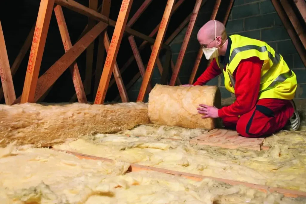 An installer in a hi-vis vest laying a roll of insulation between the joists of a roof space
